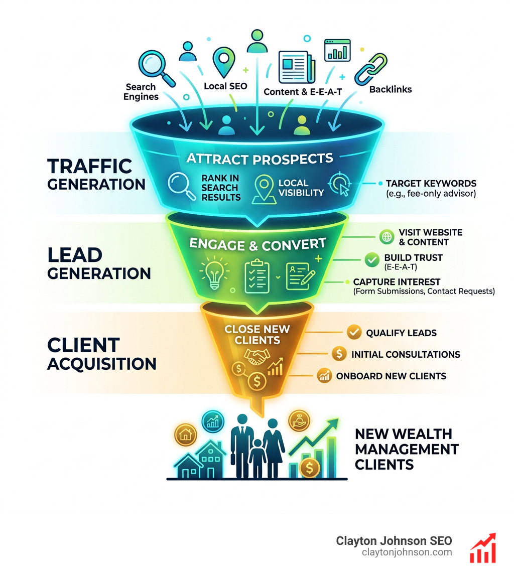 SEO lead generation funnel for wealth managers showing traffic to leads to clients - SEO for wealth managers infographic 