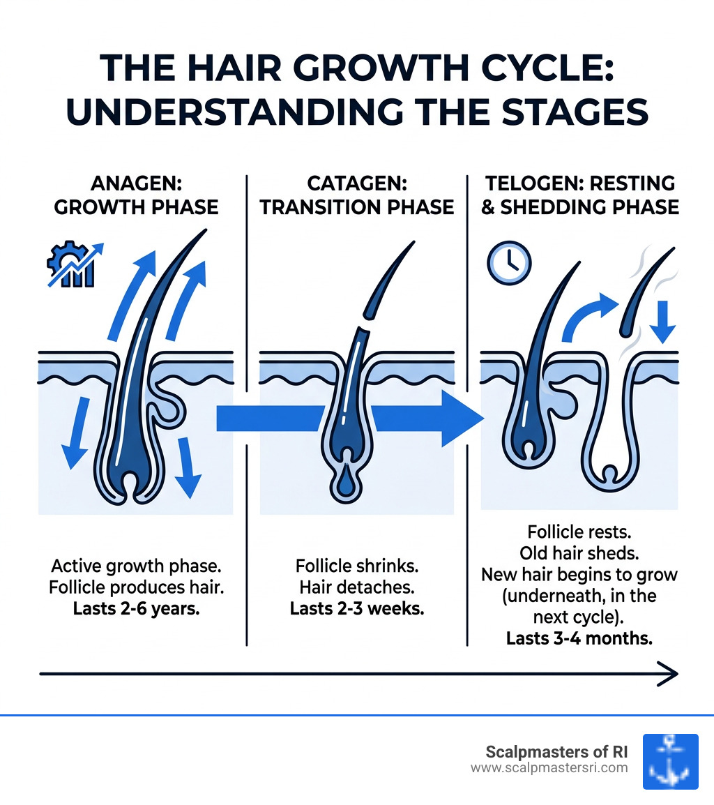 Infographic showing the three stages of the hair growth cycle: anagen growth phase, catagen transition phase, and telogen