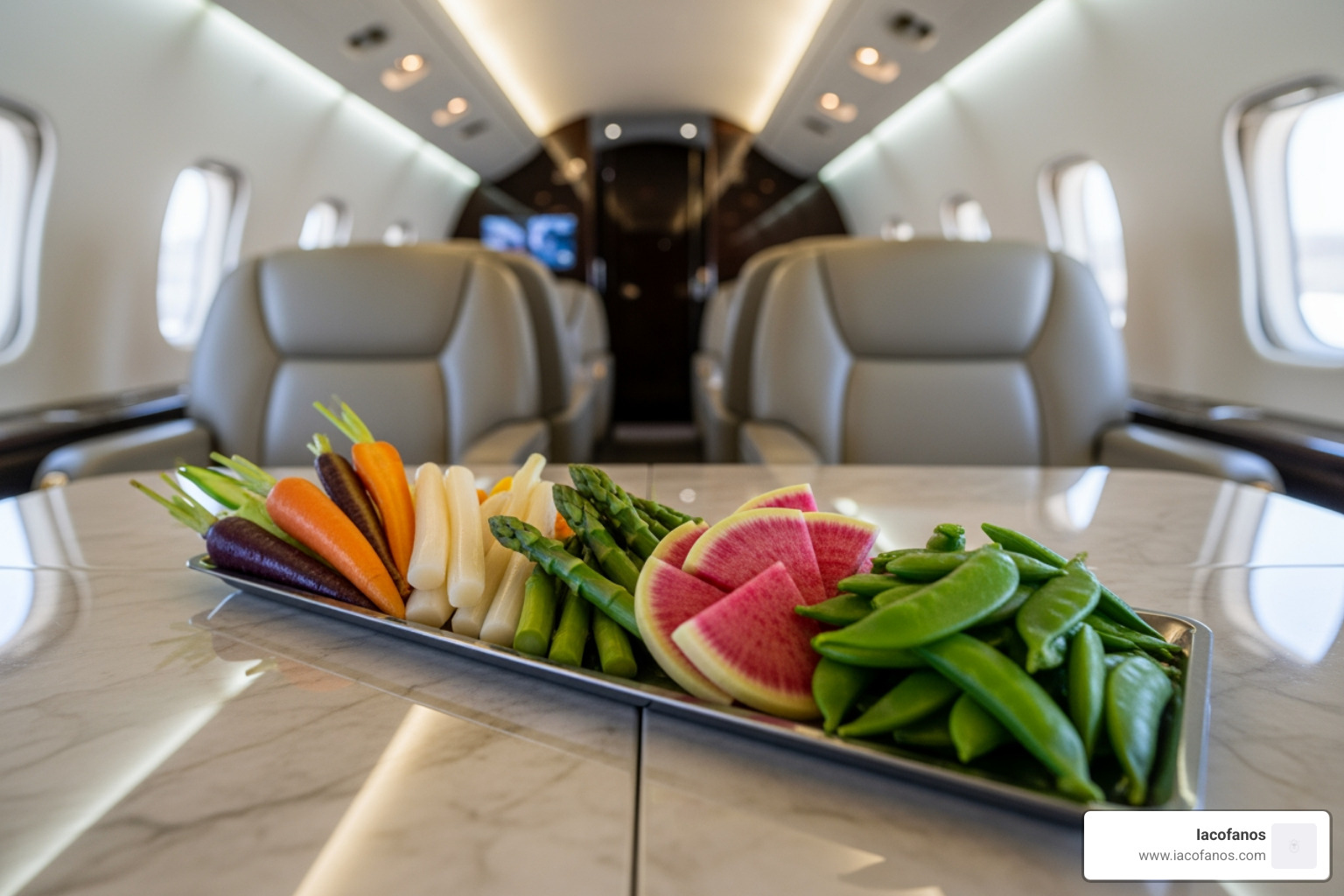 Premium crudité arrangement featuring heirloom vegetables on a private jet - crudité trays corporate flights
