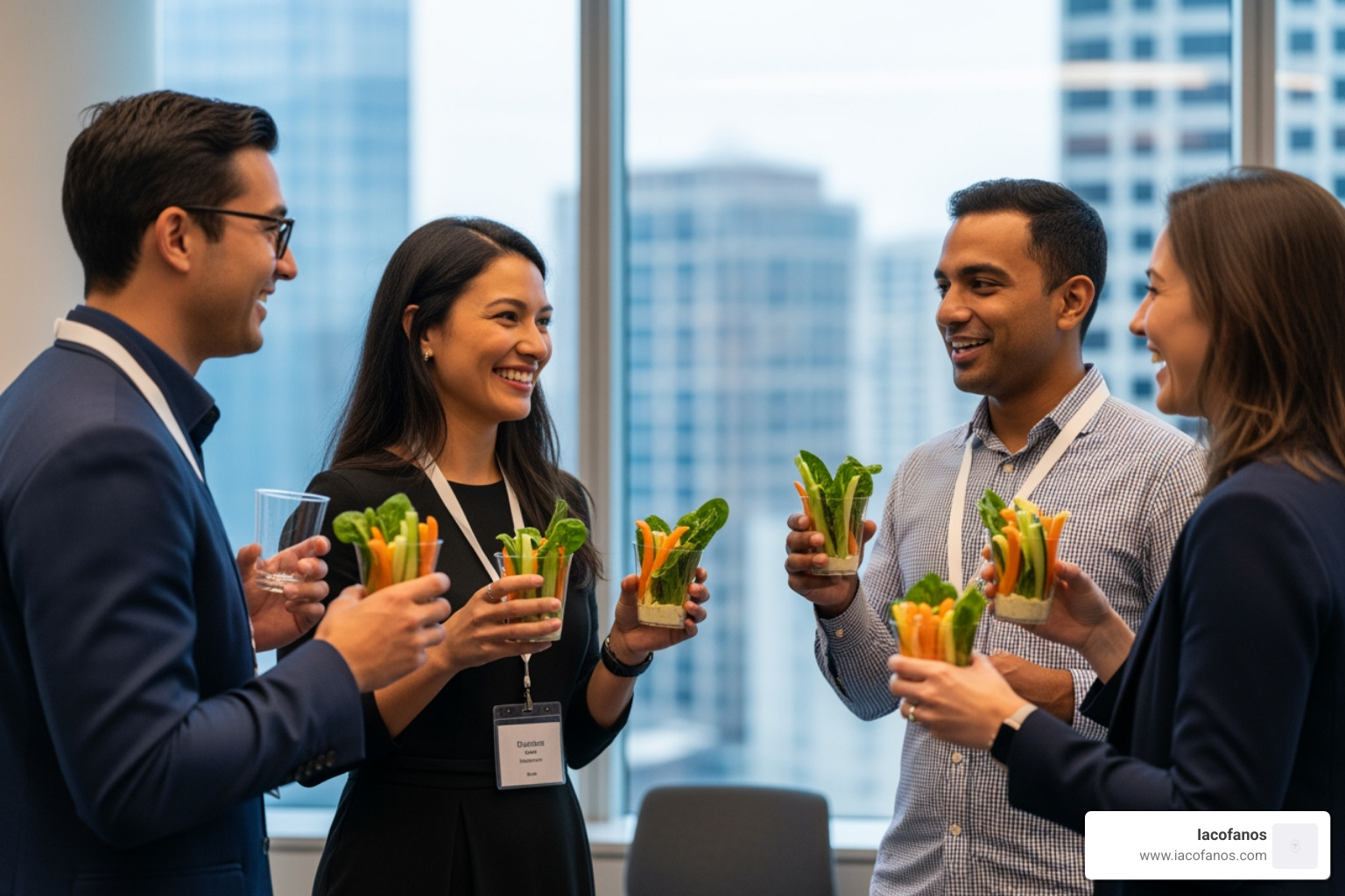 Guests at a corporate mixer holding individual veggie cups while networking - crudite cups catering Charleston SC Guests at a corporate mixer holding individual veggie cups while networking - crudite cups catering Charleston SC