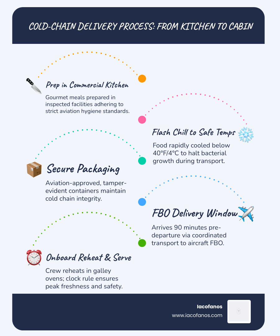 Cold-chain delivery process from kitchen to cabin for private jet catering infographic - private jet catering infographic Cold-chain delivery process from kitchen to cabin for private jet catering infographic - private jet catering infographic