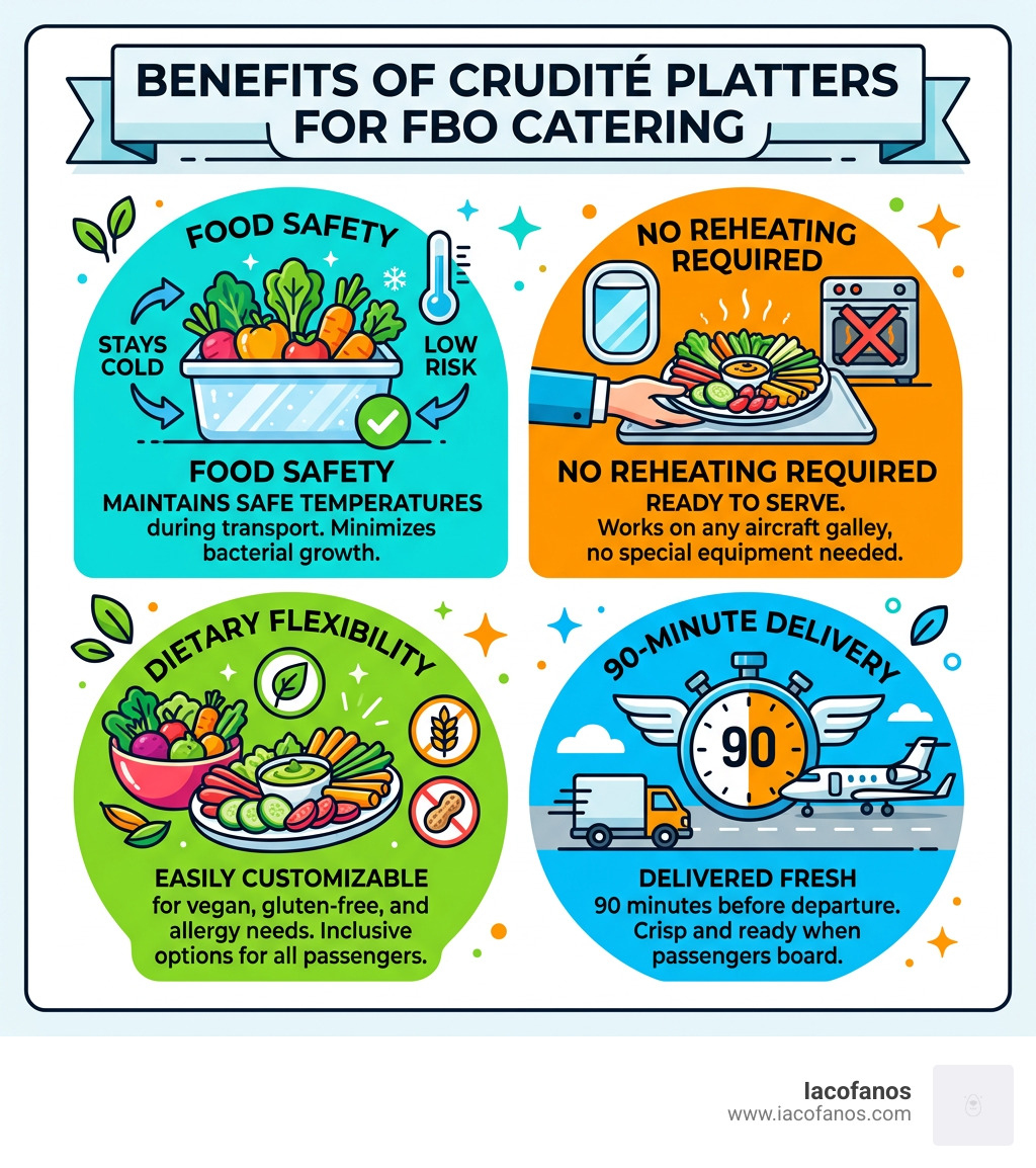 Infographic showing benefits of crudité platters for FBO catering including food safety, no reheating, dietary flexibility