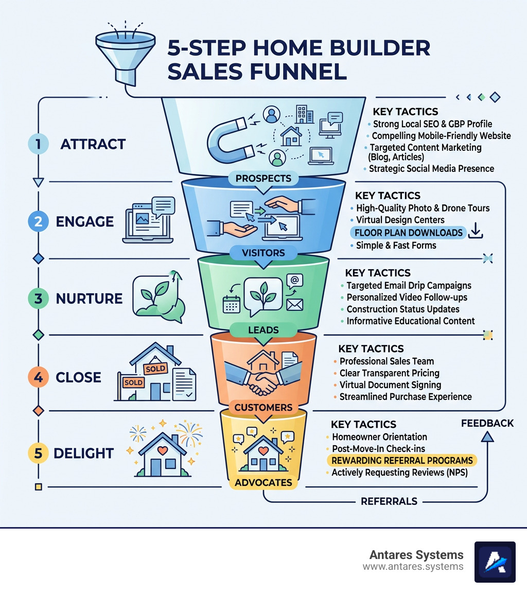 5-step home builder sales funnel: Attract, Engage, Nurture, Close, Delight with key tactics per stage - new home builder