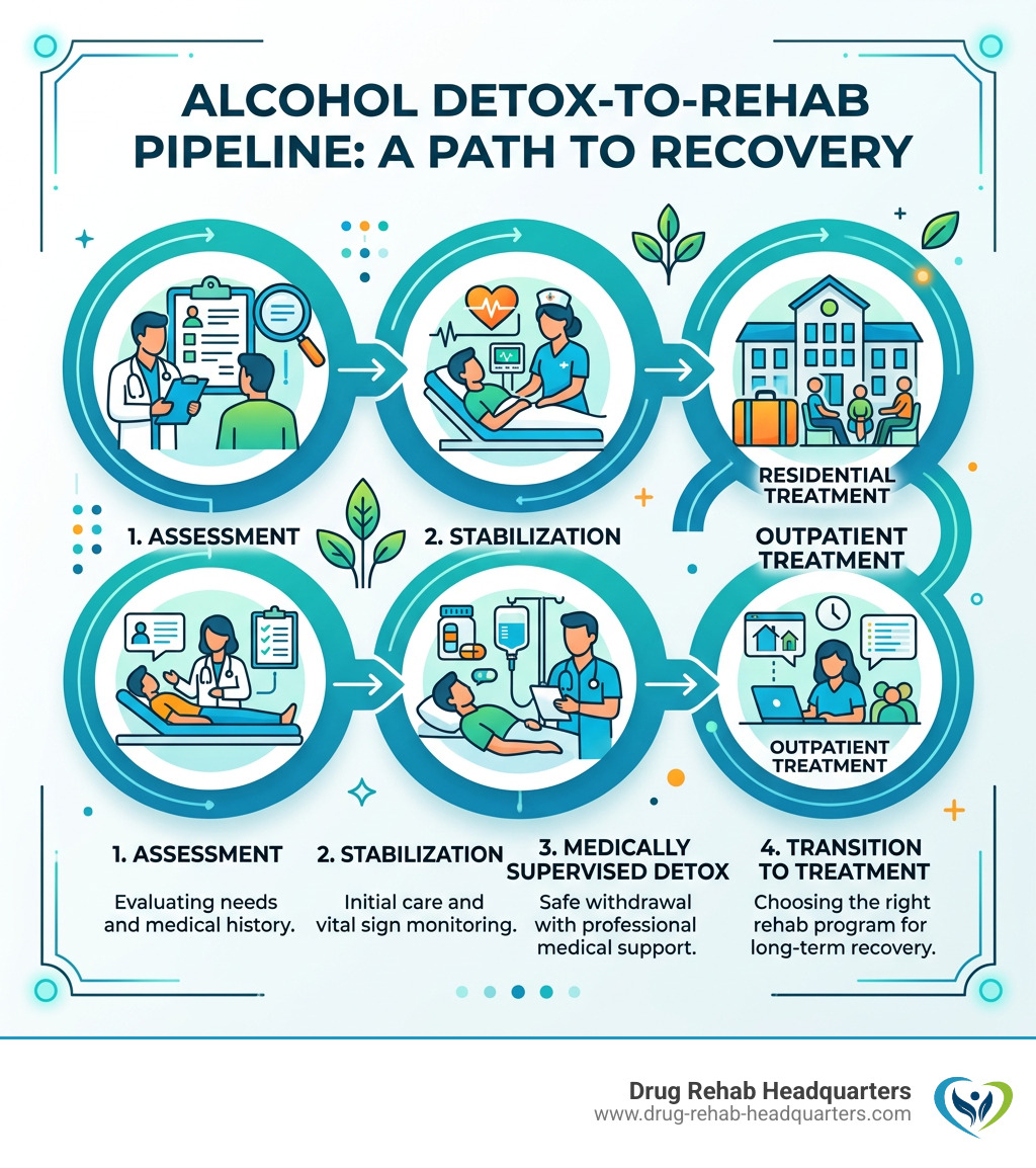 Infographic showing the alcohol detox-to-rehab pipeline: assessment, stabilization, medically supervised detox, then