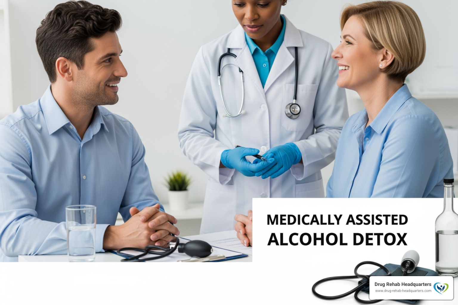 Chart showing the stages of alcohol withdrawal: 6-12 hours minor symptoms, 12-48 hours seizures/hallucinations, 48-72 hours