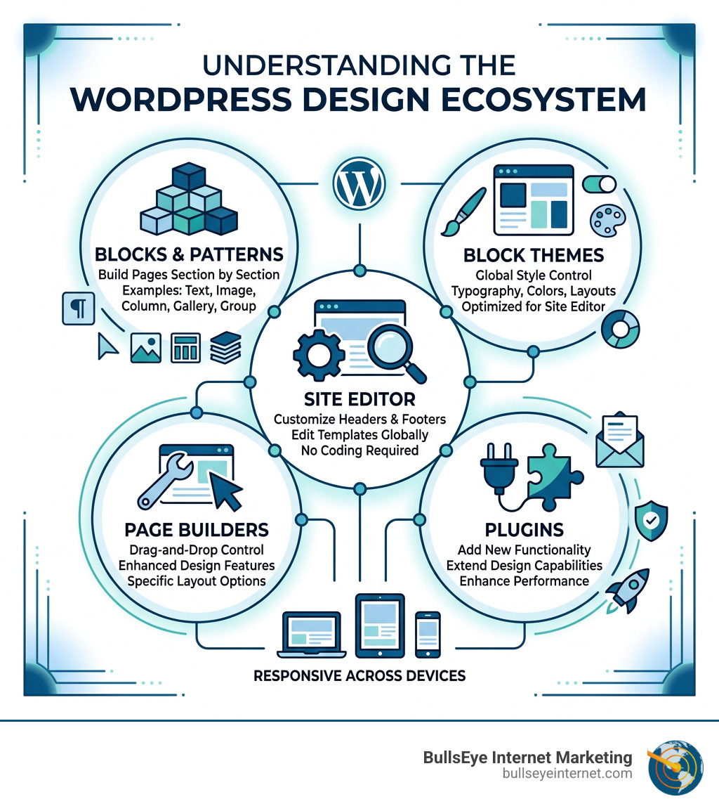 WordPress design ecosystem infographic: themes, blocks, page builders, Site Editor, and plugins - design site wordpress