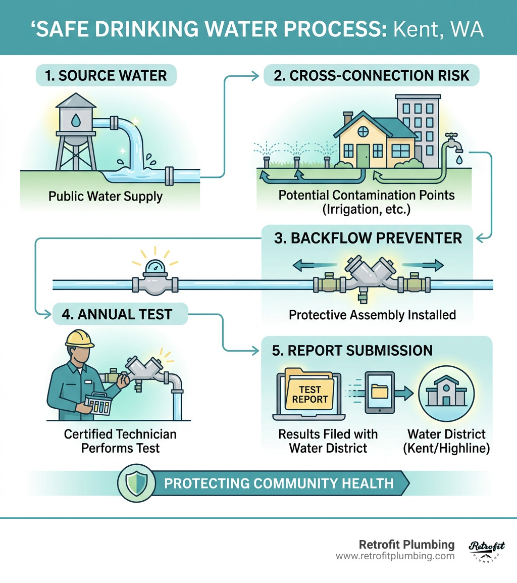 Infographic showing the cross-connection control process: source water, cross connection risk, backflow preventer, annual Infographic showing the cross-connection control process: source water, cross connection risk, backflow preventer, annual