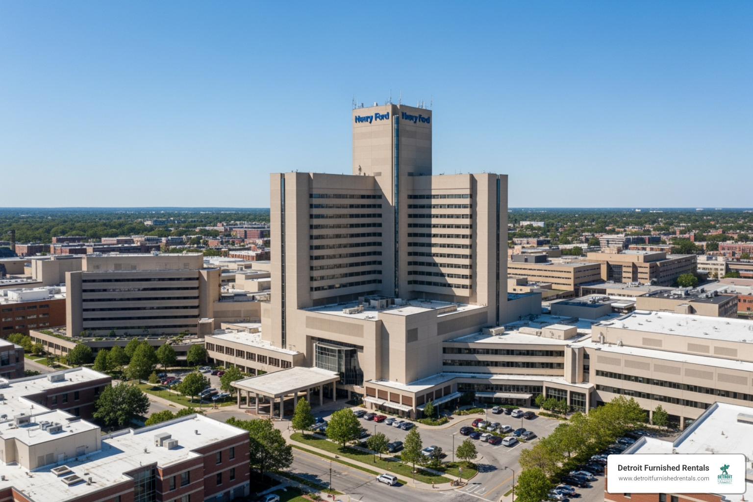 Henry Ford Hospital campus in Detroit showing the main 877-bed tower and surrounding medical buildings - Detroit Hospitals