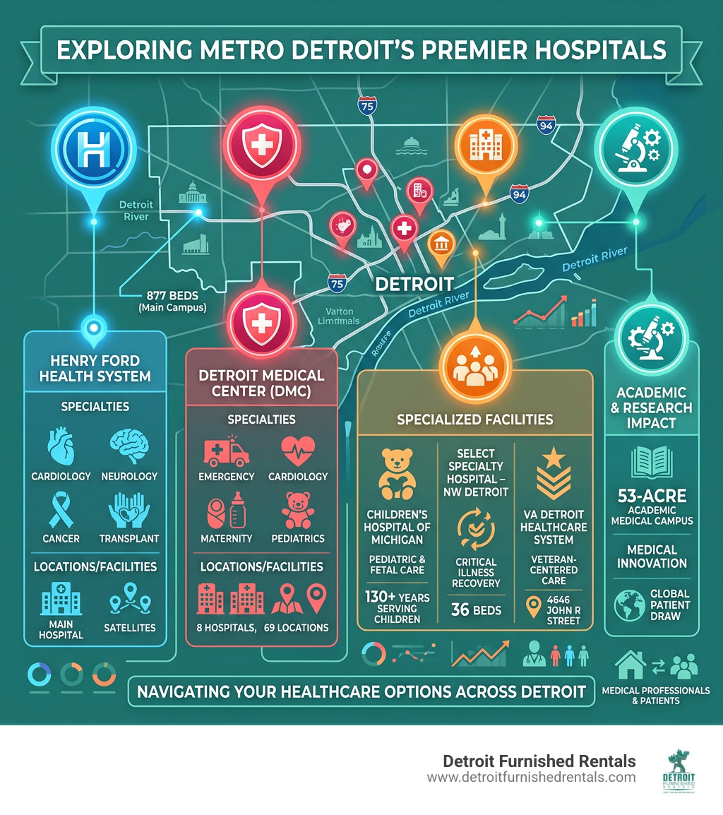 Detroit hospitals network infographic showing major systems, locations, and specialties across metro Detroit - Detroit