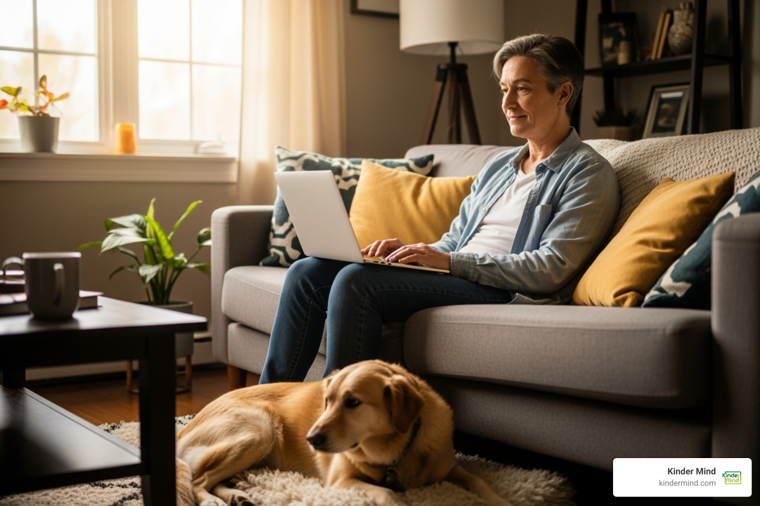 A person feeling relaxed at home with a pet during a virtual therapy session - online therapy for addiction A person feeling relaxed at home with a pet during a virtual therapy session - online therapy for addiction