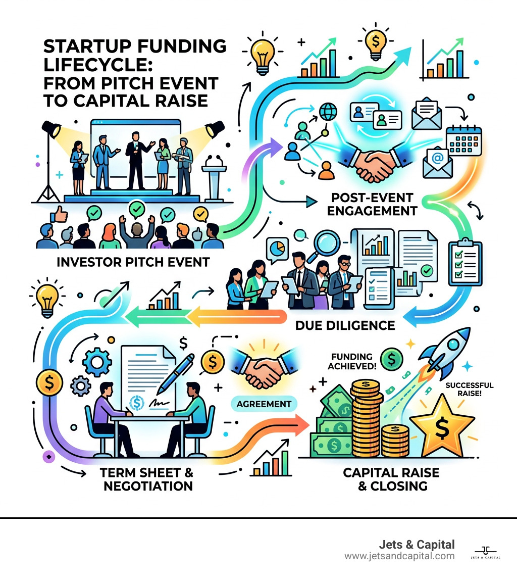 Startup funding lifecycle from pitch event to capital raise infographic - Investor pitch events infographic 