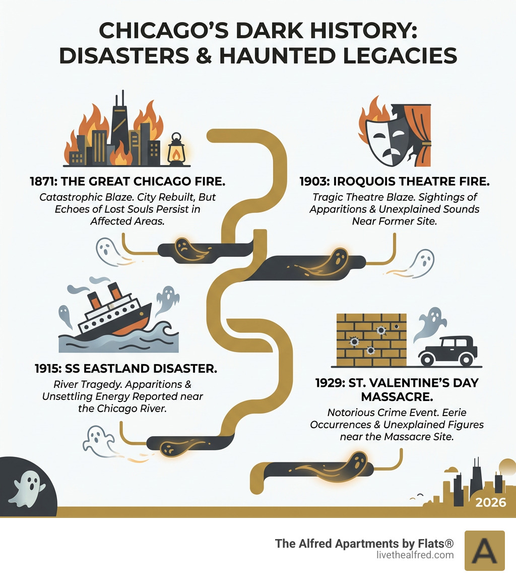 Timeline infographic of Chicago's major historical disasters and their haunted legacies - ghost tours chicago infographic 
