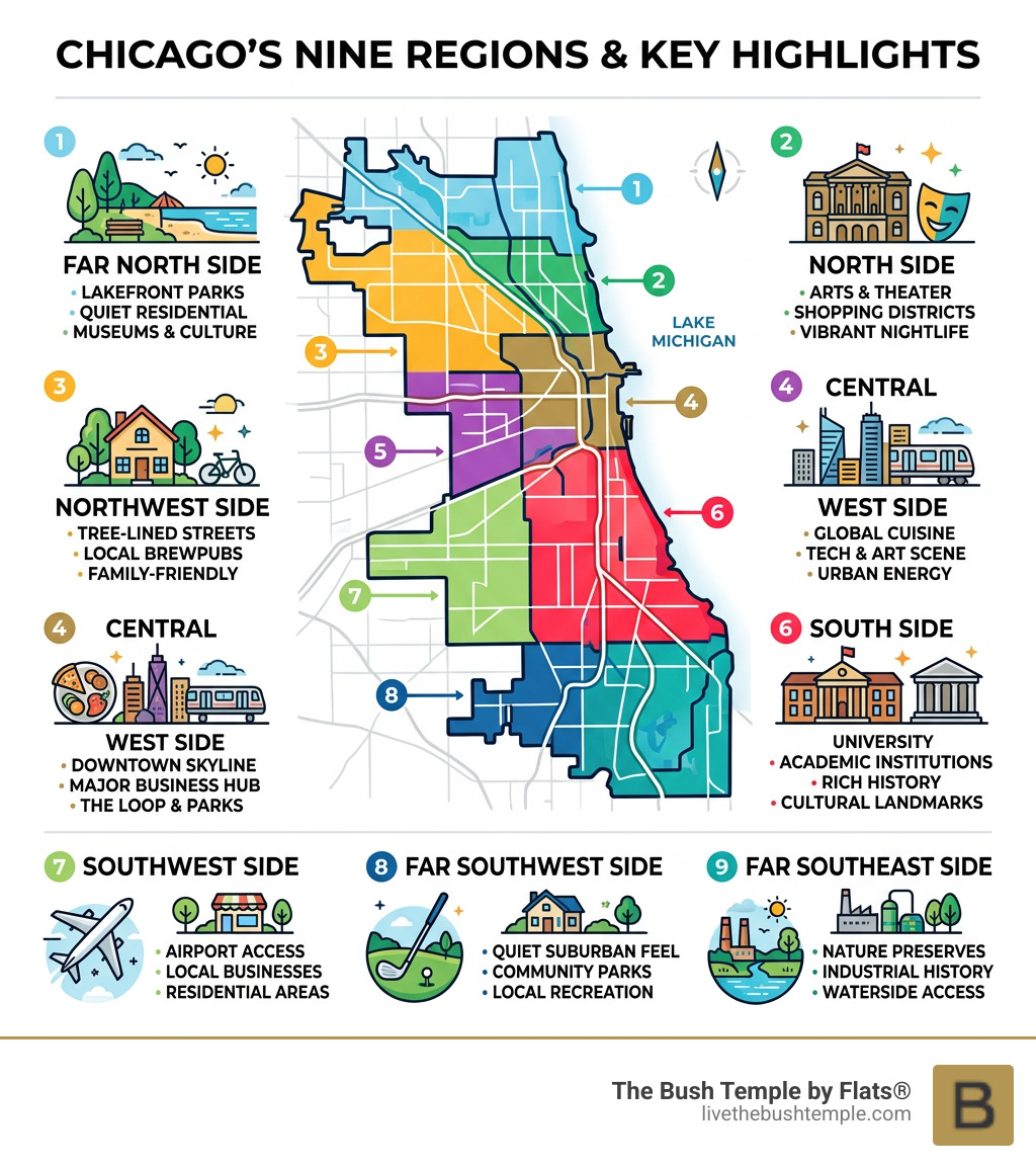 Map of Chicago's nine neighborhood regions with key highlights - Best Chicago neighborhoods infographic 