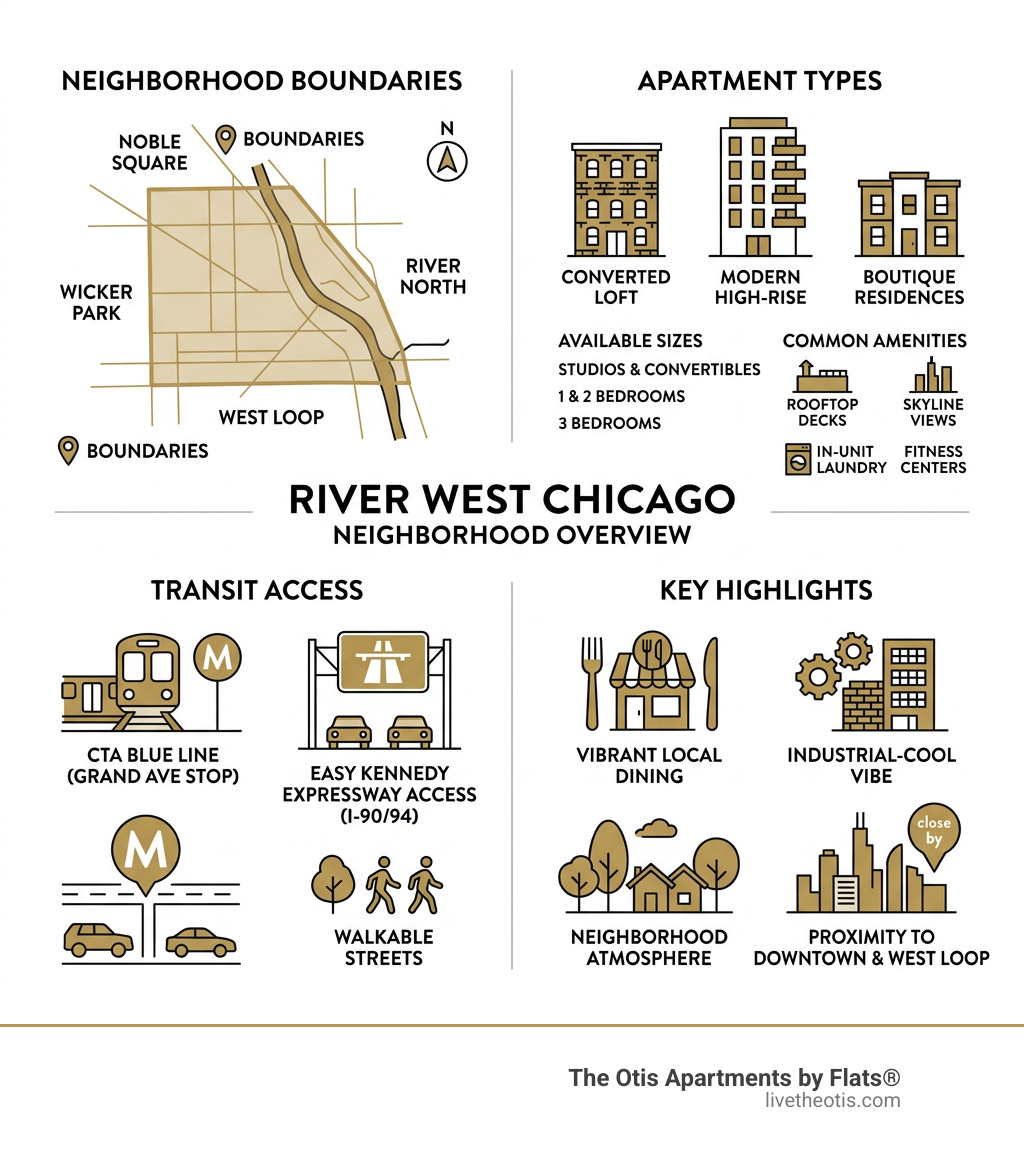 River West Chicago neighborhood boundaries, apartment types, transit access, and key highlights infographic - apartments in
