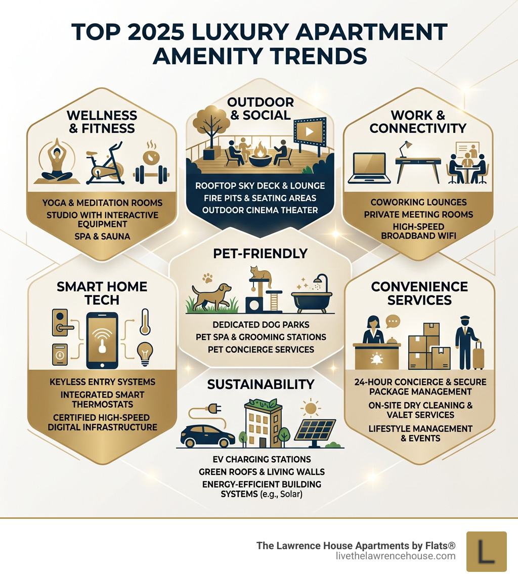 2025 luxury apartment amenity trends infographic showing top categories and features - Luxury apartment building amenities