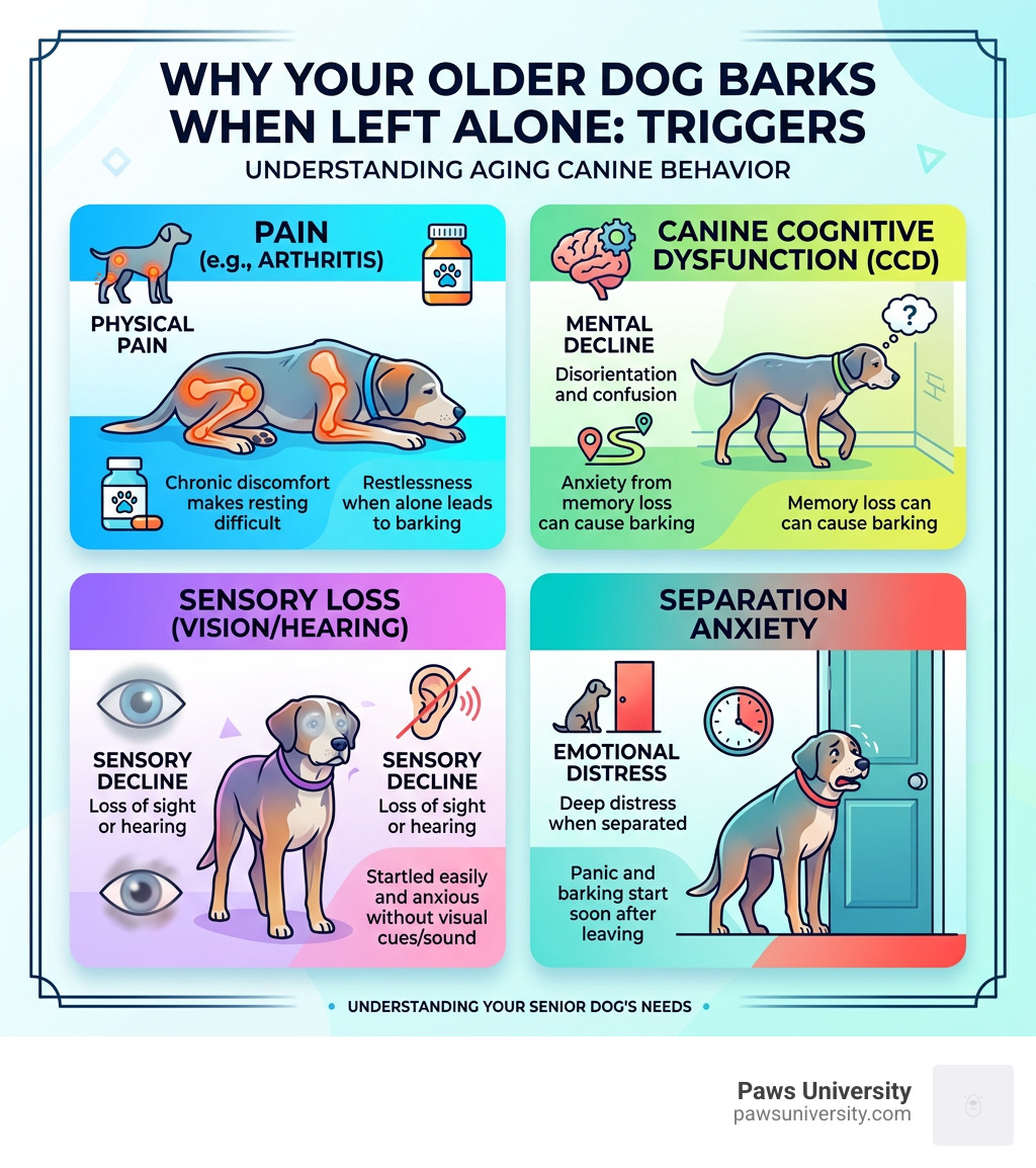 Infographic showing physical and mental triggers of barking in aging dogs: pain, CCD, sensory loss, anxiety - older dog Infographic showing physical and mental triggers of barking in aging dogs: pain, CCD, sensory loss, anxiety - older dog
