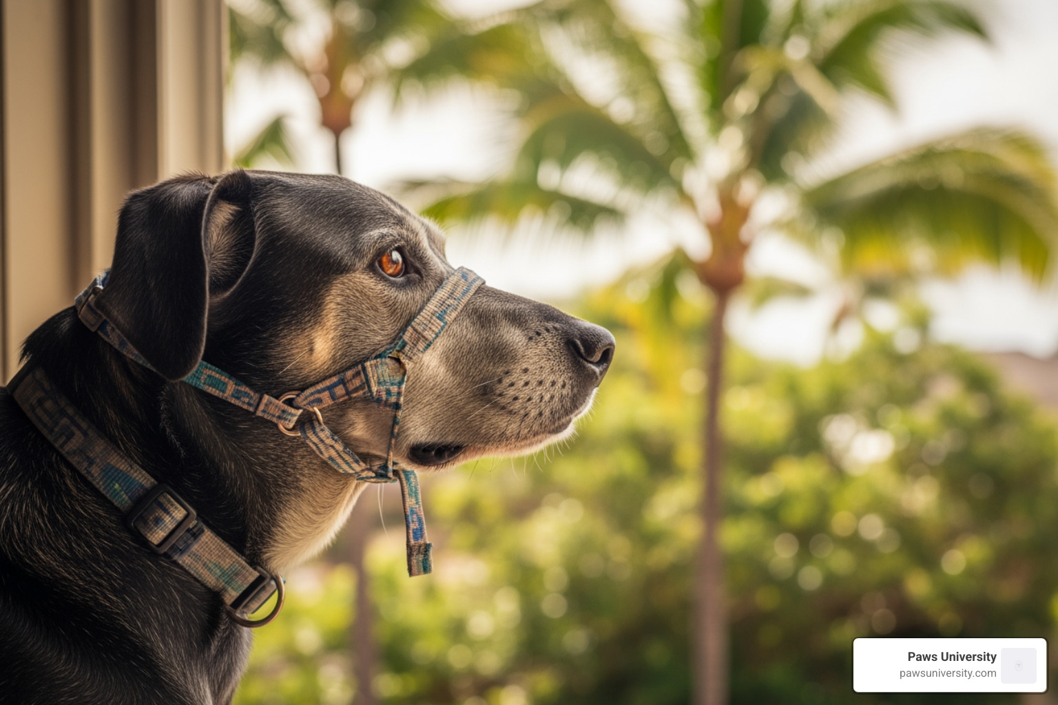 Older dog looking out a window at palm trees in Hawaii - older dog barking when left alone Older dog looking out a window at palm trees in Hawaii - older dog barking when left alone