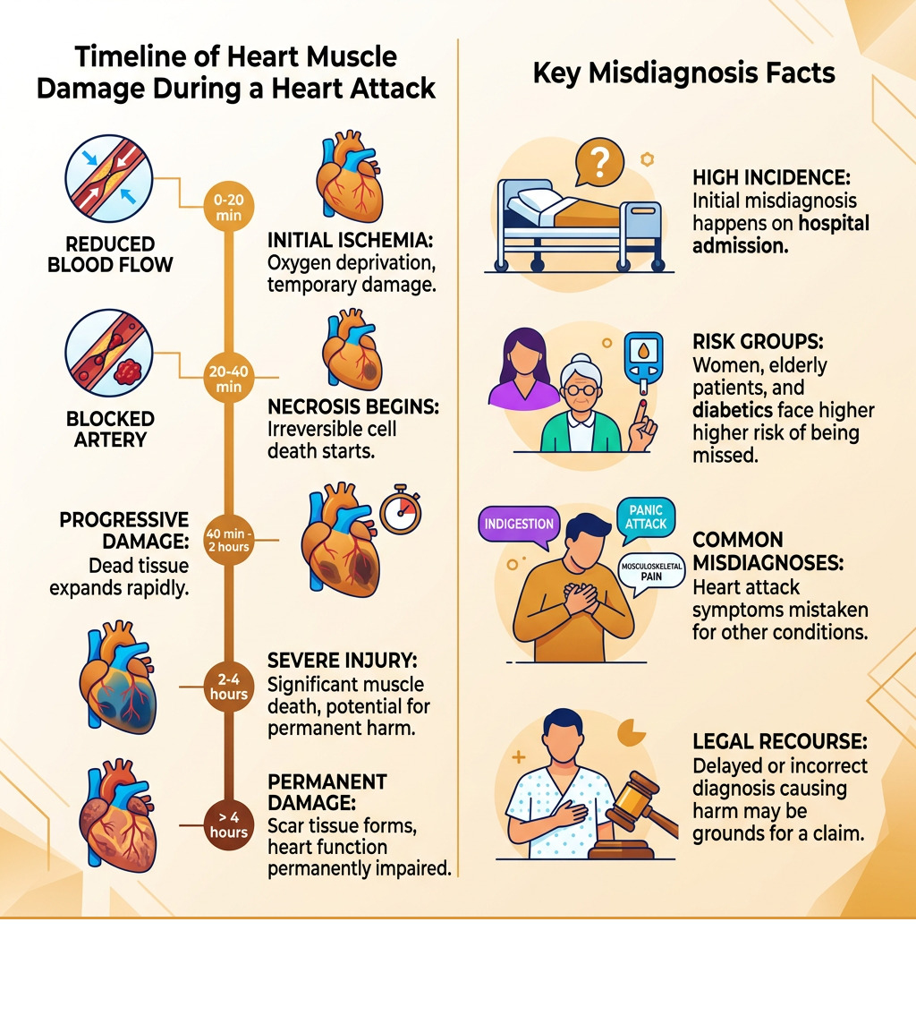 Timeline of heart muscle damage during a heart attack and key misdiagnosis facts - Heart attack misdiagnosis infographic Timeline of heart muscle damage during a heart attack and key misdiagnosis facts - Heart attack misdiagnosis infographic