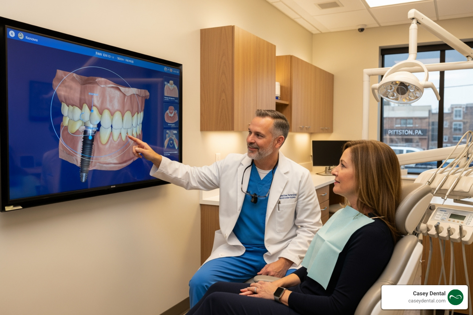 A dentist in Pittston, PA explaining a dental implant procedure to a patient using a digital 3D model - dental implants
