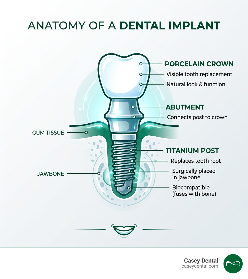 Diagram showing components of a dental implant: titanium post, abutment, and porcelain crown with labeled parts - dental