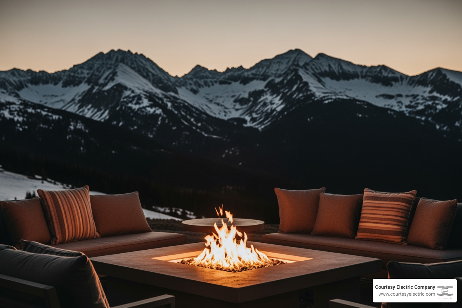 luxury outdoor fire pit in a mountain setting with snow-capped peaks and cozy evening ambiance - best fire features services luxury outdoor fire pit in a mountain setting with snow-capped peaks and cozy evening ambiance - best fire features services