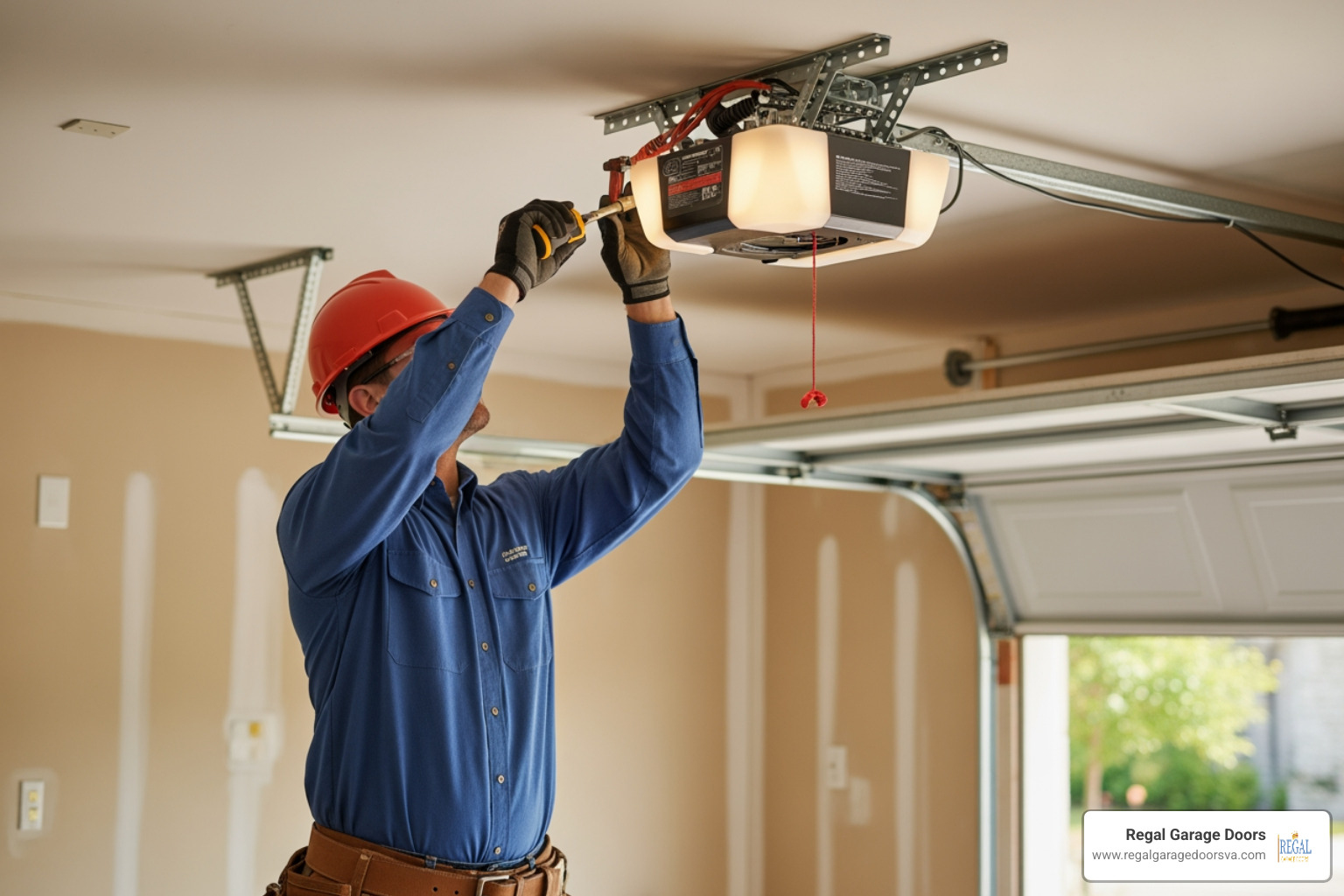 professional technician installing a new garage door opener - garage door opener install harrisonburg