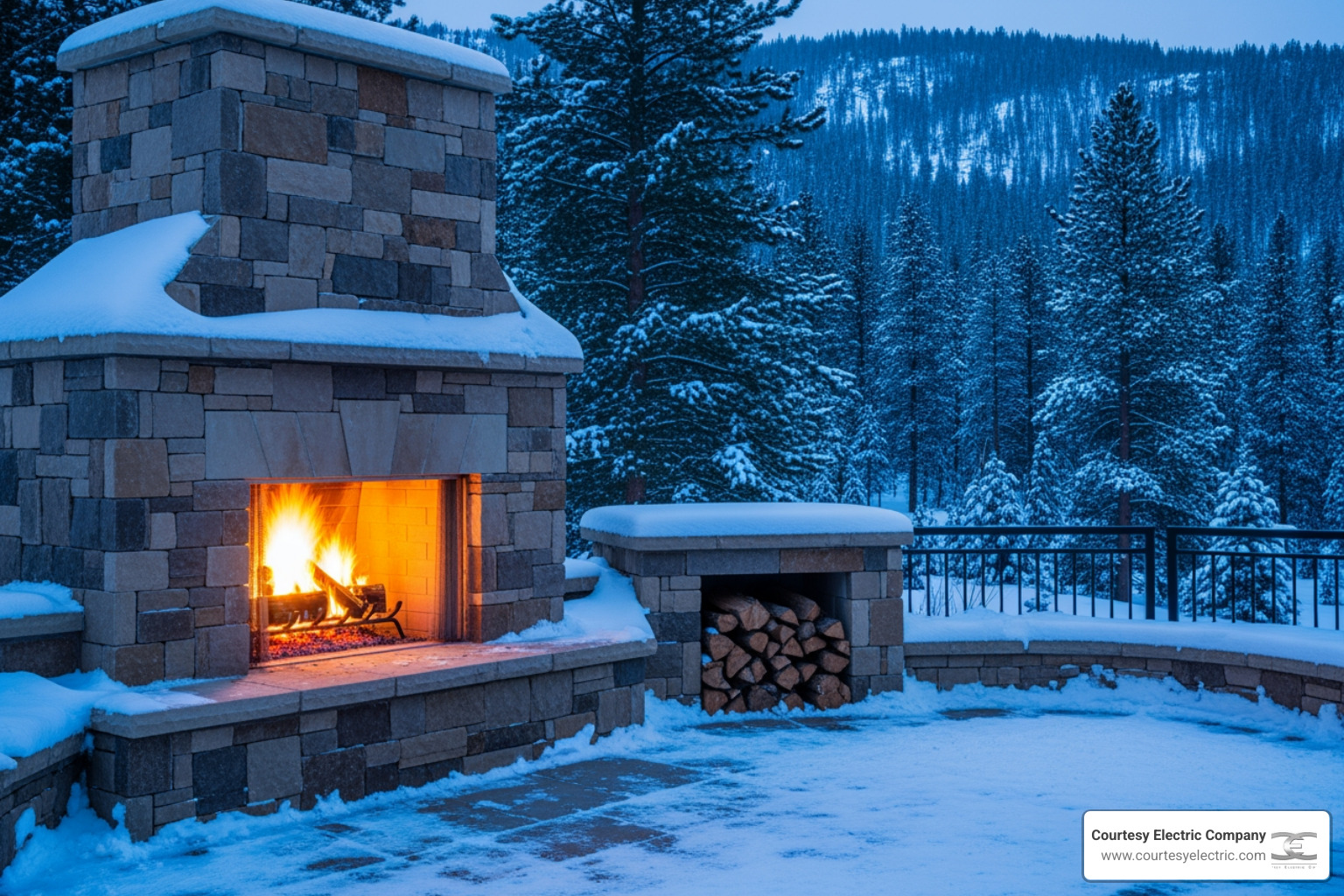 a massive stone outdoor fireplace on a snowy patio overlooking a pine forest - best fire features services in fraser, co a massive stone outdoor fireplace on a snowy patio overlooking a pine forest - best fire features services in fraser, co