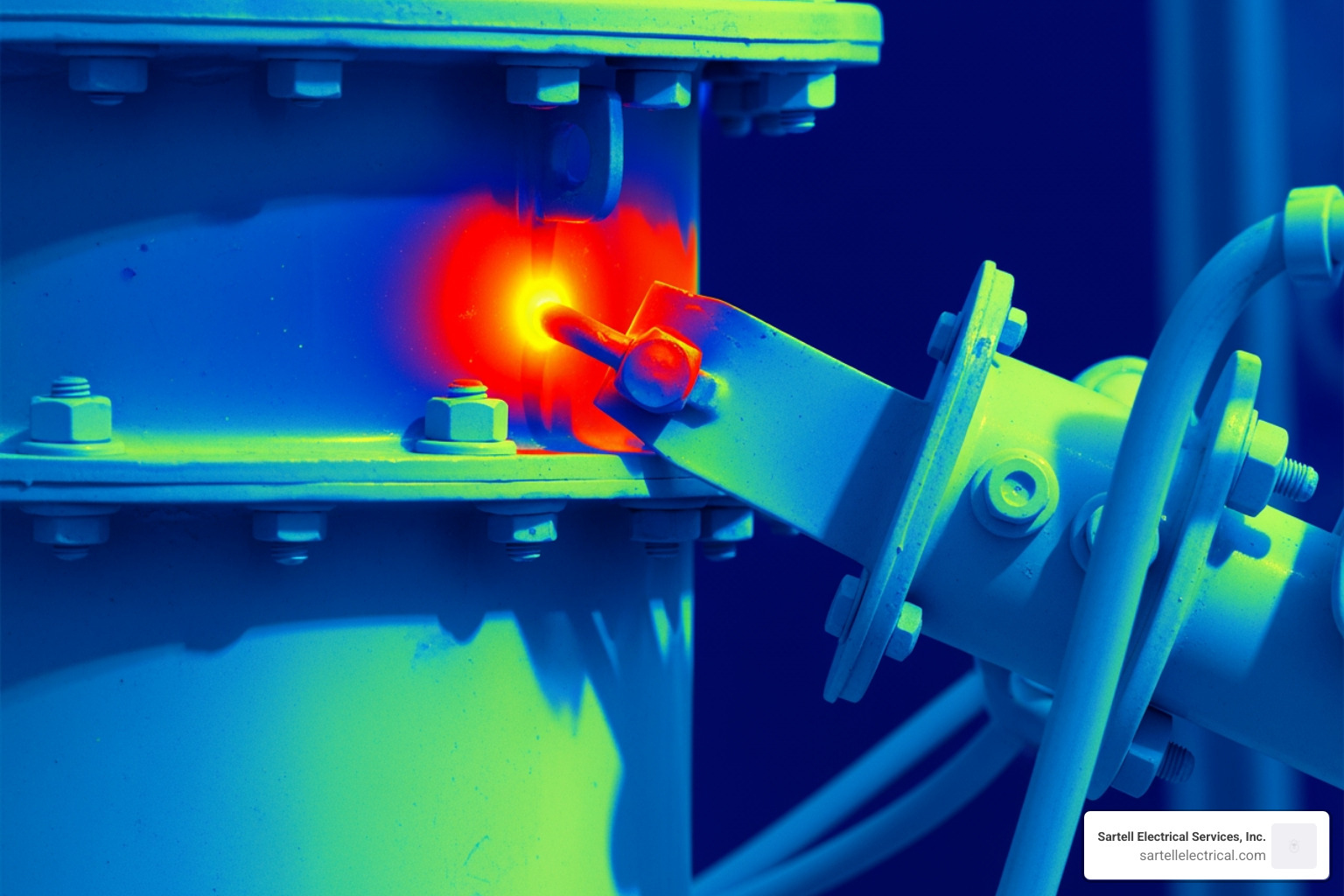 Infrared thermography scan showing a hot spot on a transformer connection - electrical preventive maintenance services Infrared thermography scan showing a hot spot on a transformer connection - electrical preventive maintenance services