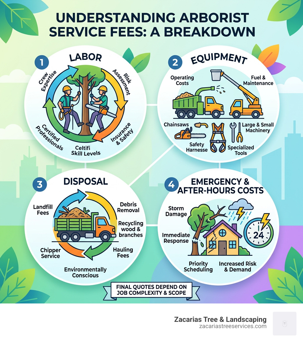 Breakdown of arborist service fees including labor, equipment, disposal, and emergency costs - arborist cost per hour Breakdown of arborist service fees including labor, equipment, disposal, and emergency costs - arborist cost per hour