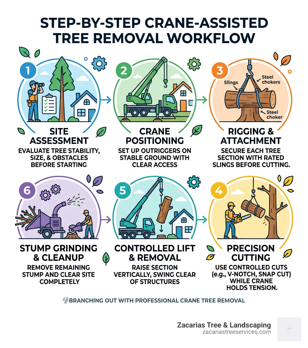 Step-by-step infographic illustrating crane-assisted tree removal workflow, featuring site assessment, crane positioning, rigging, precision cutting, controlled lift and removal, and stump grinding, with branding for Zacarias Tree & Landscaping.