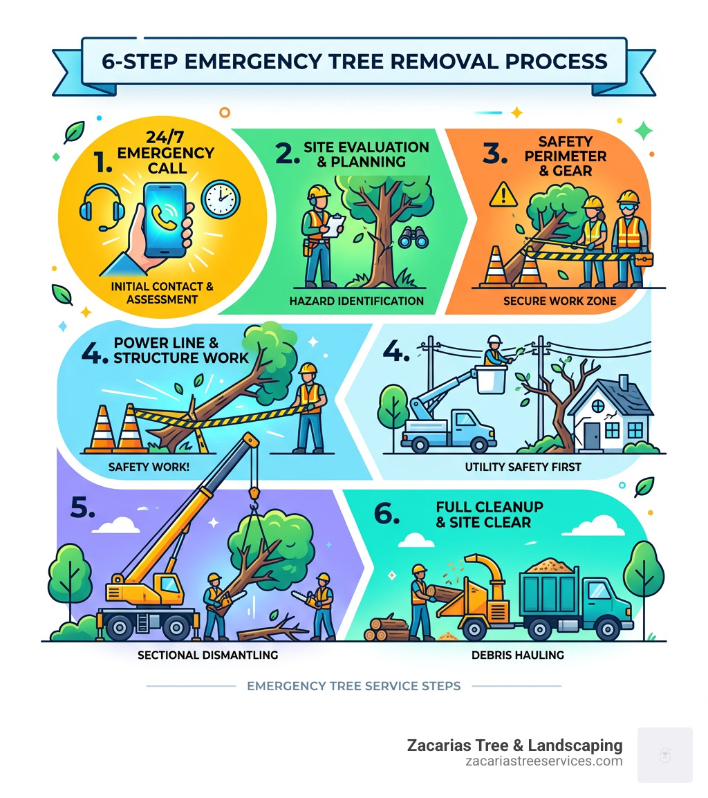 6-step emergency tree removal process infographic with icons for each stage - emergency tree cutting service infographic 6-step emergency tree removal process infographic with icons for each stage - emergency tree cutting service infographic