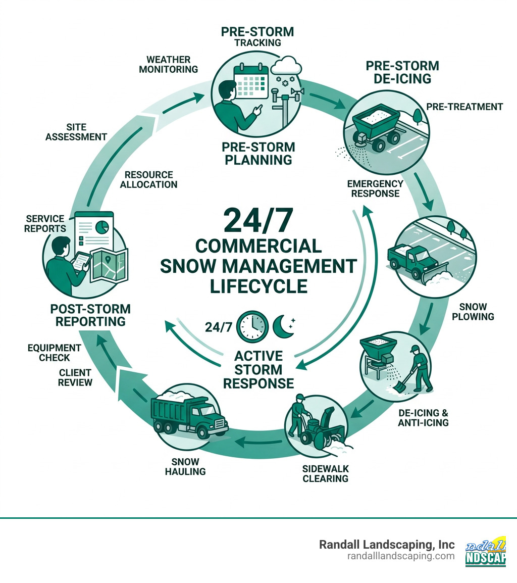 24/7 commercial snow management lifecycle infographic showing pre-storm planning, active storm response, and post-storm 24/7 commercial snow management lifecycle infographic showing pre-storm planning, active storm response, and post-storm