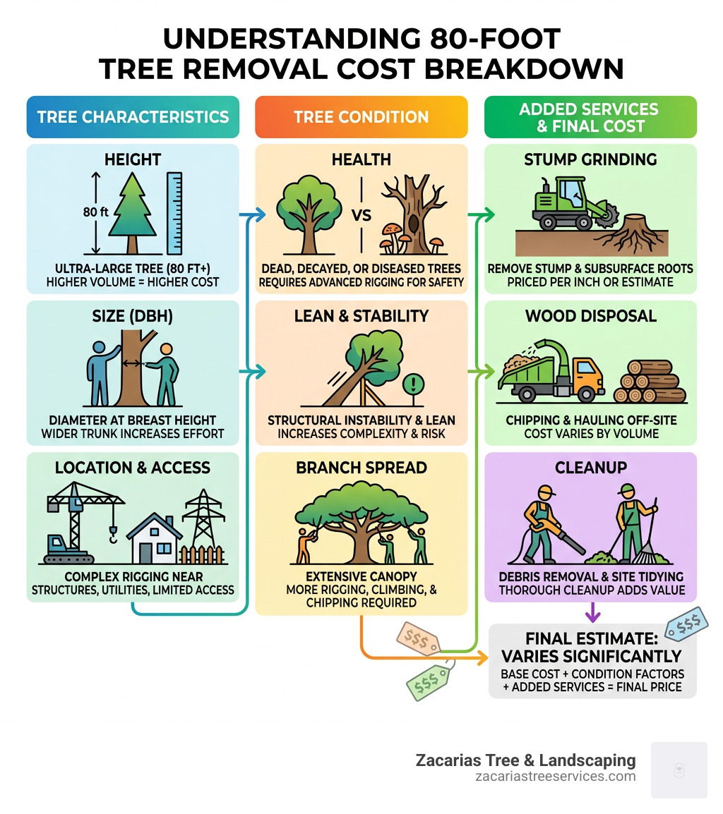 Infographic showing 80-foot tree removal cost breakdown by tree size, condition, and added services - cost to cut down 80 Infographic showing 80-foot tree removal cost breakdown by tree size, condition, and added services - cost to cut down 80