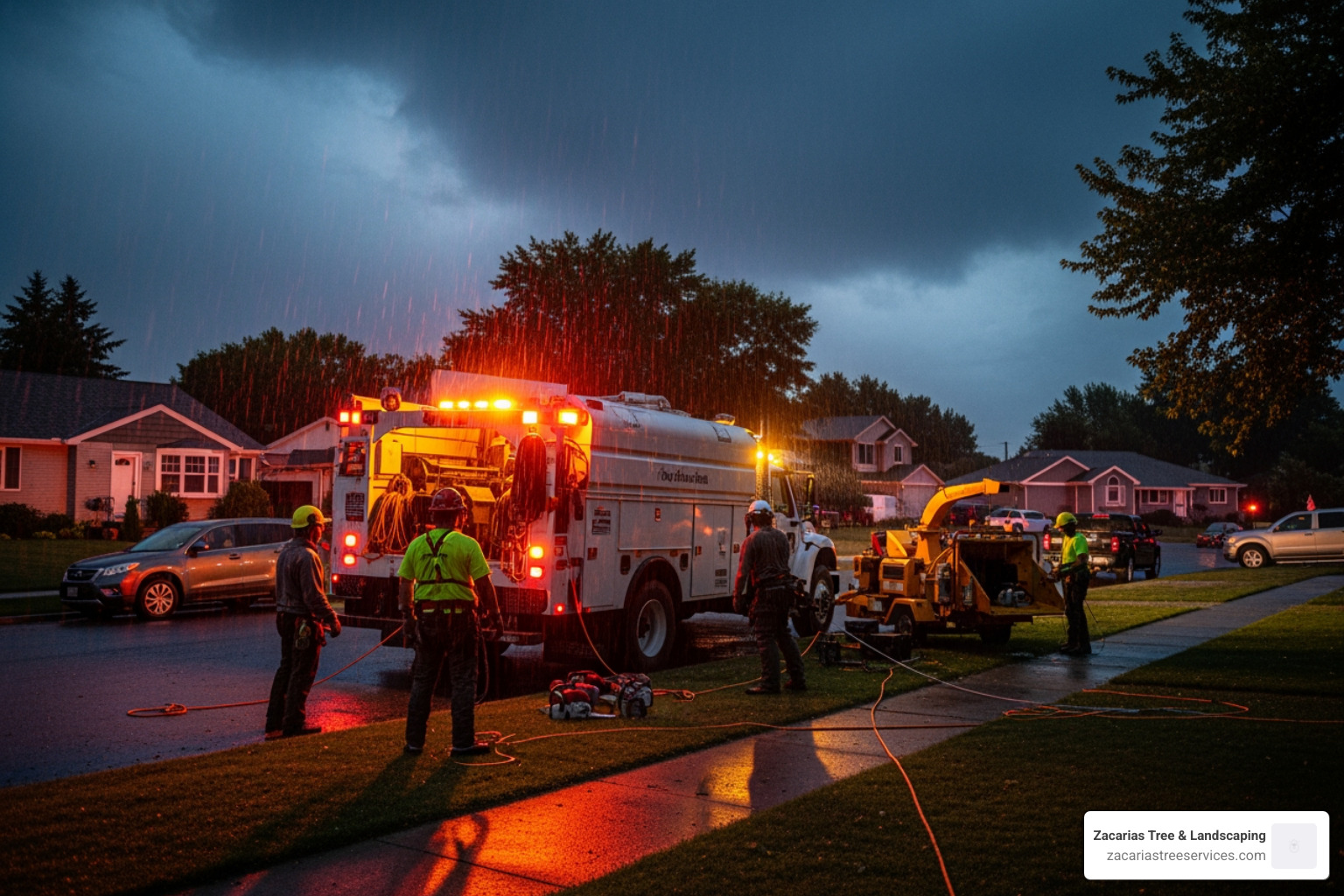 tree service truck arriving at night with emergency lights - emergency tree cutting service tree service truck arriving at night with emergency lights - emergency tree cutting service