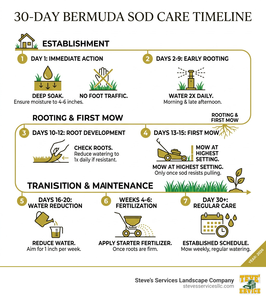 30-day Bermuda sod care timeline infographic showing watering, mowing, and fertilization schedule - caring for new bermuda