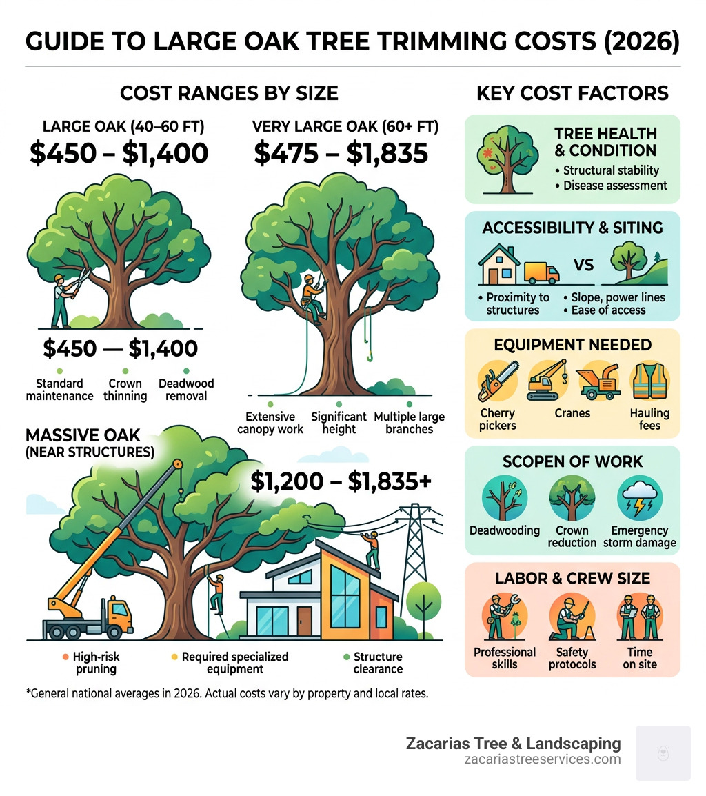 Infographic showing large oak tree trimming cost ranges by size and key cost factors - average cost to trim a large oak tree Infographic showing large oak tree trimming cost ranges by size and key cost factors - average cost to trim a large oak tree