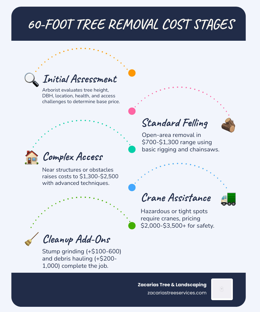 Infographic showing cost stages of 60-foot tree removal from assessment to cleanup - cost to cut down 60 foot tree Infographic showing cost stages of 60-foot tree removal from assessment to cleanup - cost to cut down 60 foot tree