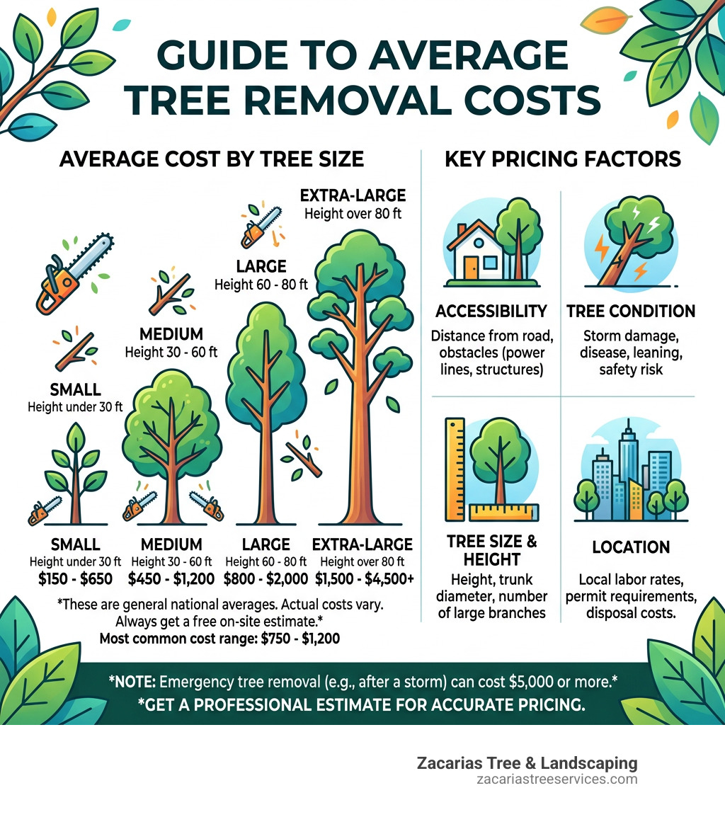infographic showing average tree removal costs by size and key pricing factors - average cost of cutting tree down
