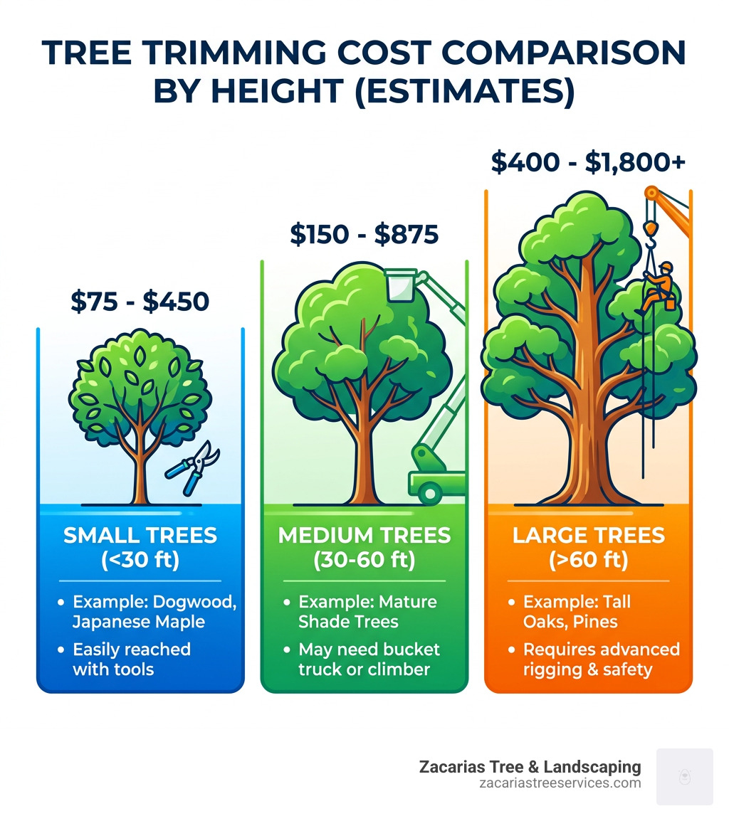Table comparing tree trimming costs by height: Small (<30ft) $75-$450, Medium (30-60ft) $150-$875, Large (>60ft) Table comparing tree trimming costs by height: Small (<30ft) $75-$450, Medium (30-60ft) $150-$875, Large (>60ft)