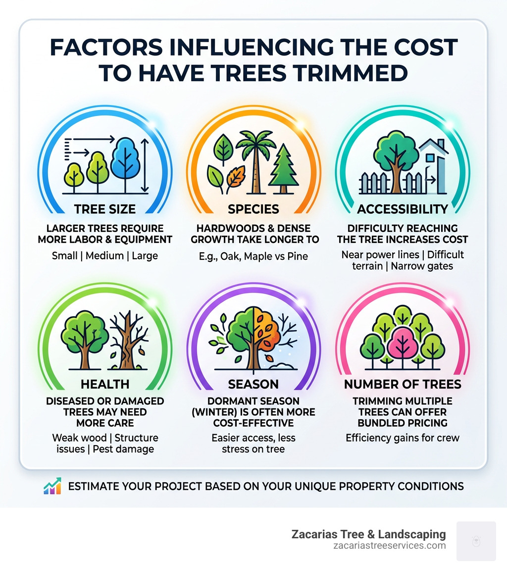 Infographic showing tree trimming cost factors: tree size, species, accessibility, health, season, and number of trees Infographic showing tree trimming cost factors: tree size, species, accessibility, health, season, and number of trees