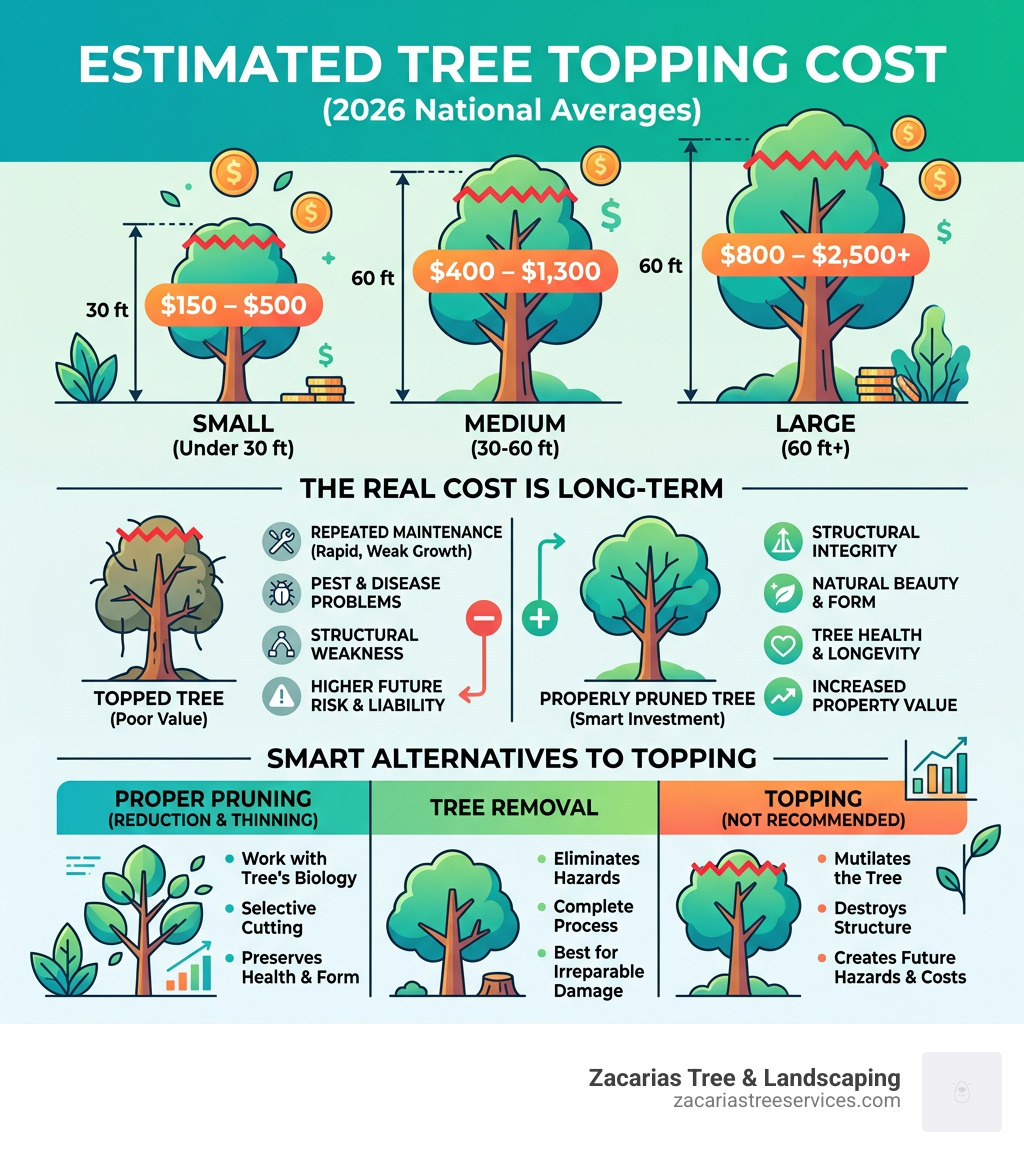 Infographic showing tree topping cost by size, long-term costs, and comparison to pruning and removal - cost to top trees