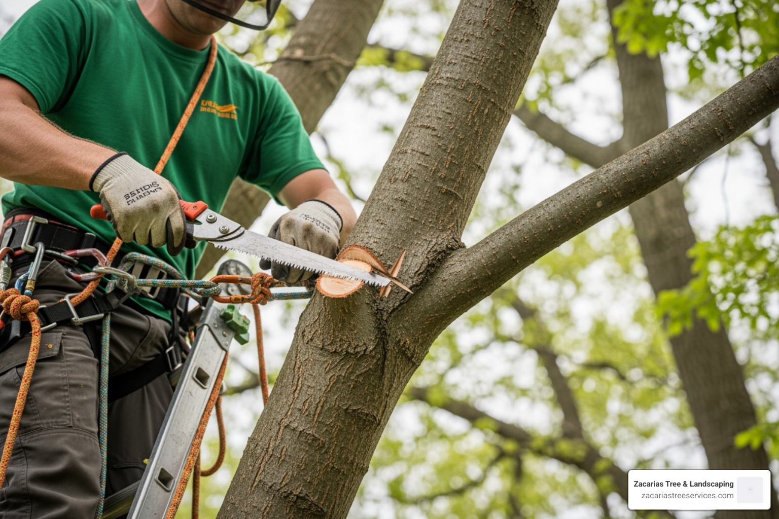 Professional arborist performing a proper thinning cut at the branch collar - cost to top trees