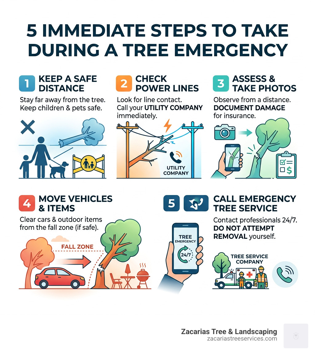 5 immediate steps to take during a tree emergency infographic - emergency tree service infographic 