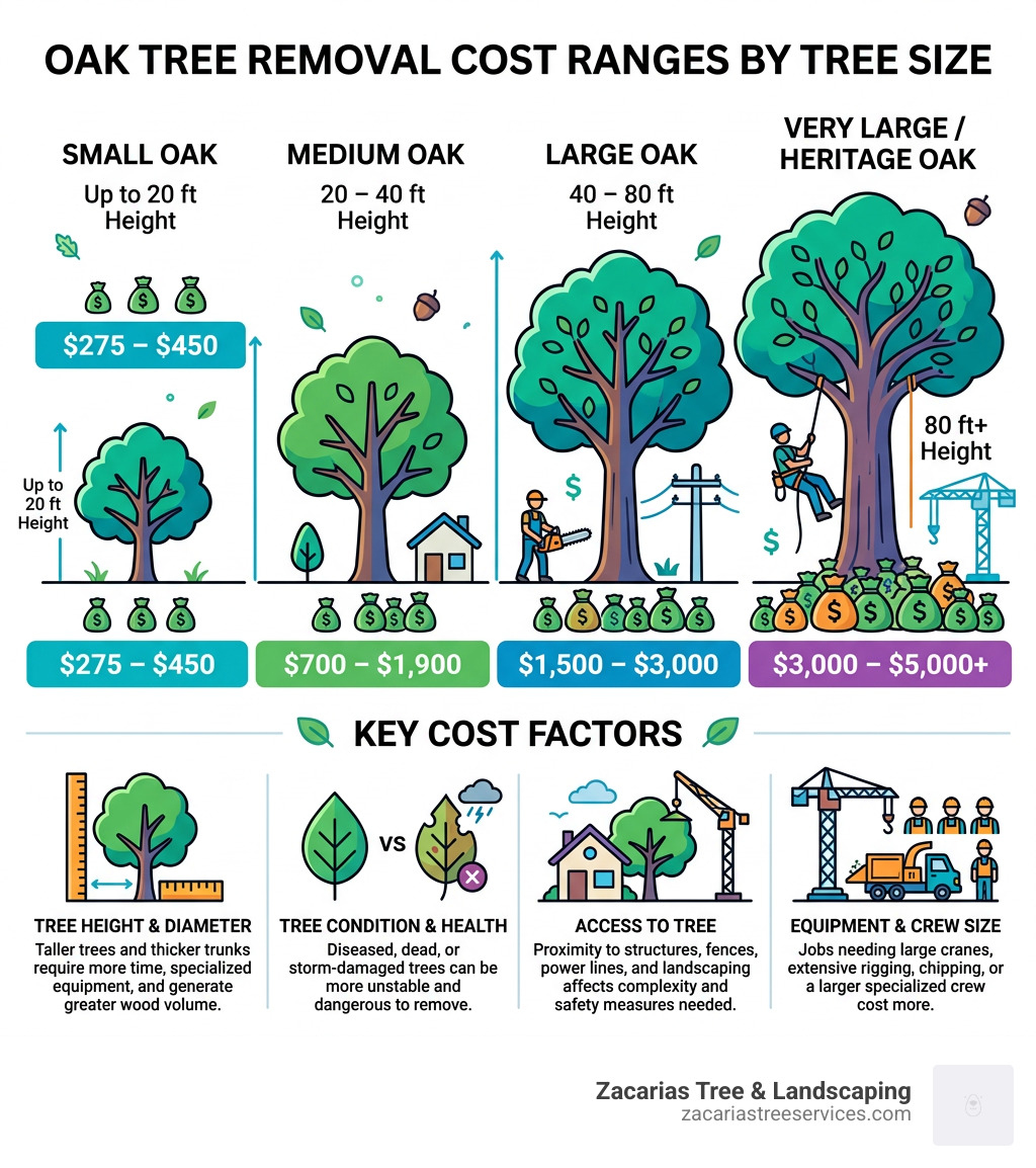Oak tree removal cost ranges infographic illustrating price tiers for small, medium, large, and very large oak trees, highlighting factors like tree height, condition, access, and equipment needs, branded with Zacarias Tree & Landscaping logo.