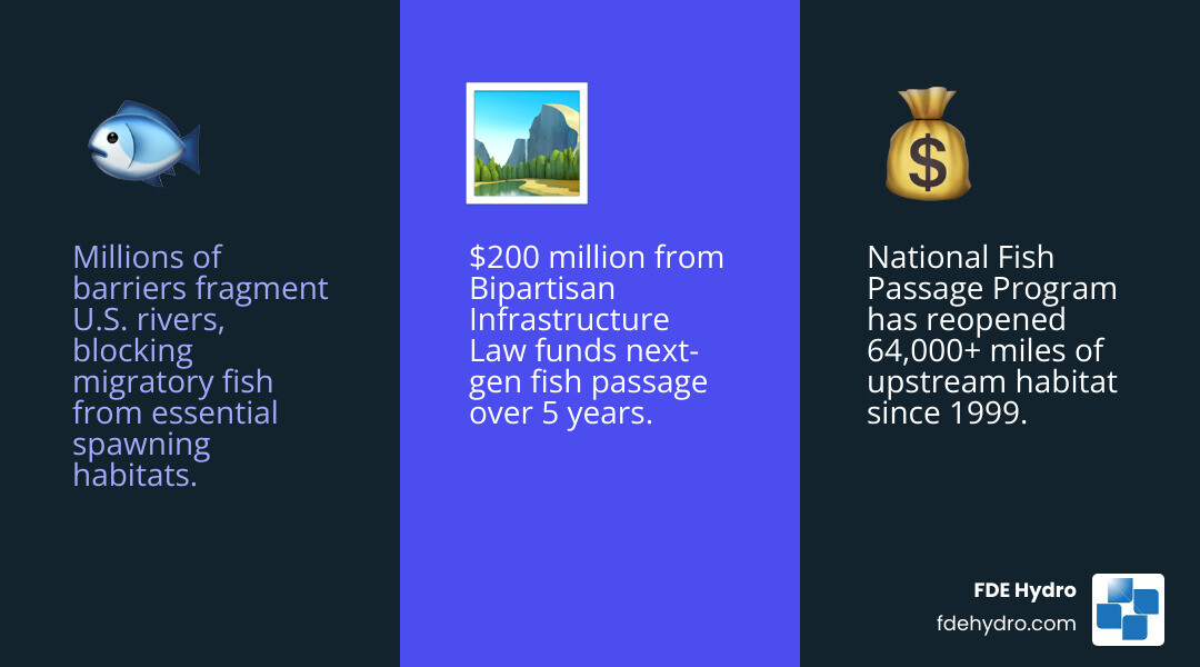 Lifecycle of migratory fish showing ocean-to-river migration, barriers, and passage solutions - next generation fish passage