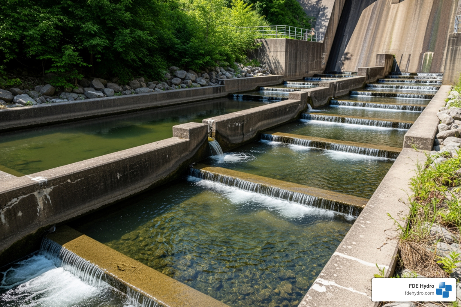 Traditional fish ladder with concrete steps and flowing water - next generation fish passage protection