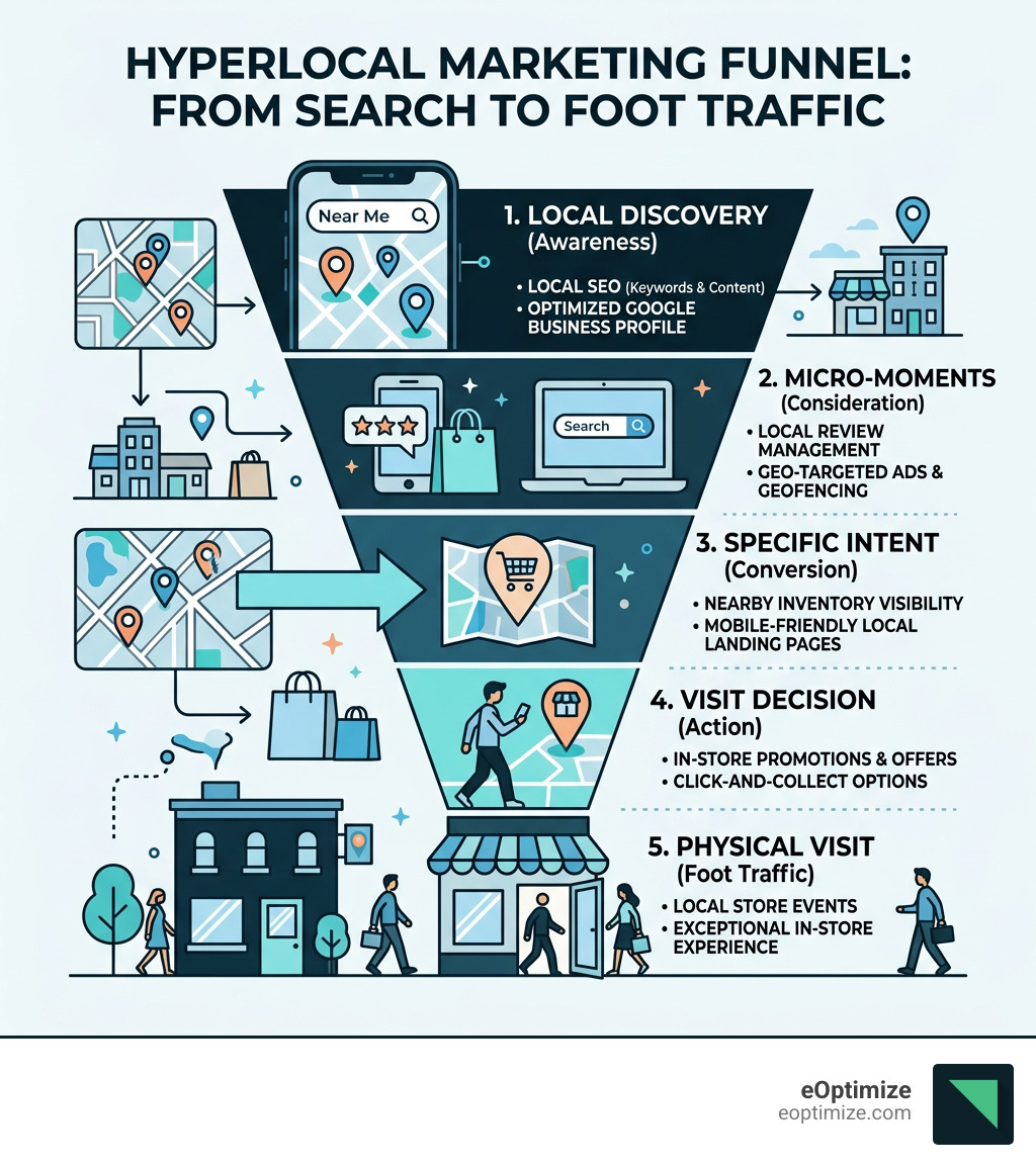 Hyperlocal marketing funnel from search to foot traffic with key tactics and stages - Hyperlocal Marketing Strategy