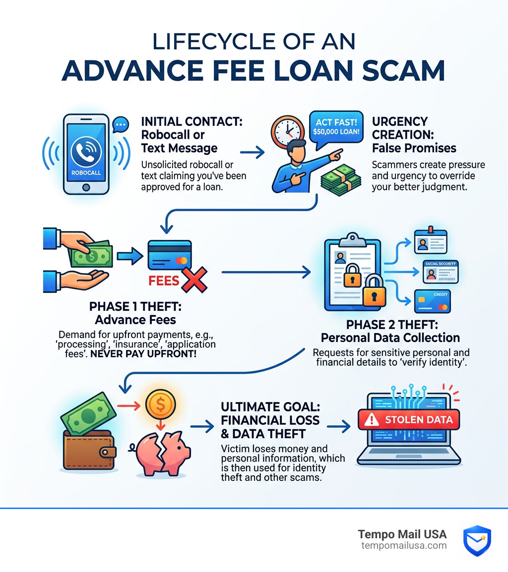 Lifecycle of an advance fee loan scam from first robocall to victim data theft - ridgegate financial spam calls infographic Lifecycle of an advance fee loan scam from first robocall to victim data theft - ridgegate financial spam calls infographic