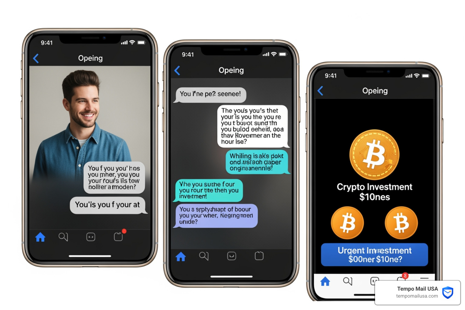 Progression of a text scam from a friendly greeting to a crypto investment pitch - wrong number text scam Progression of a text scam from a friendly greeting to a crypto investment pitch - wrong number text scam