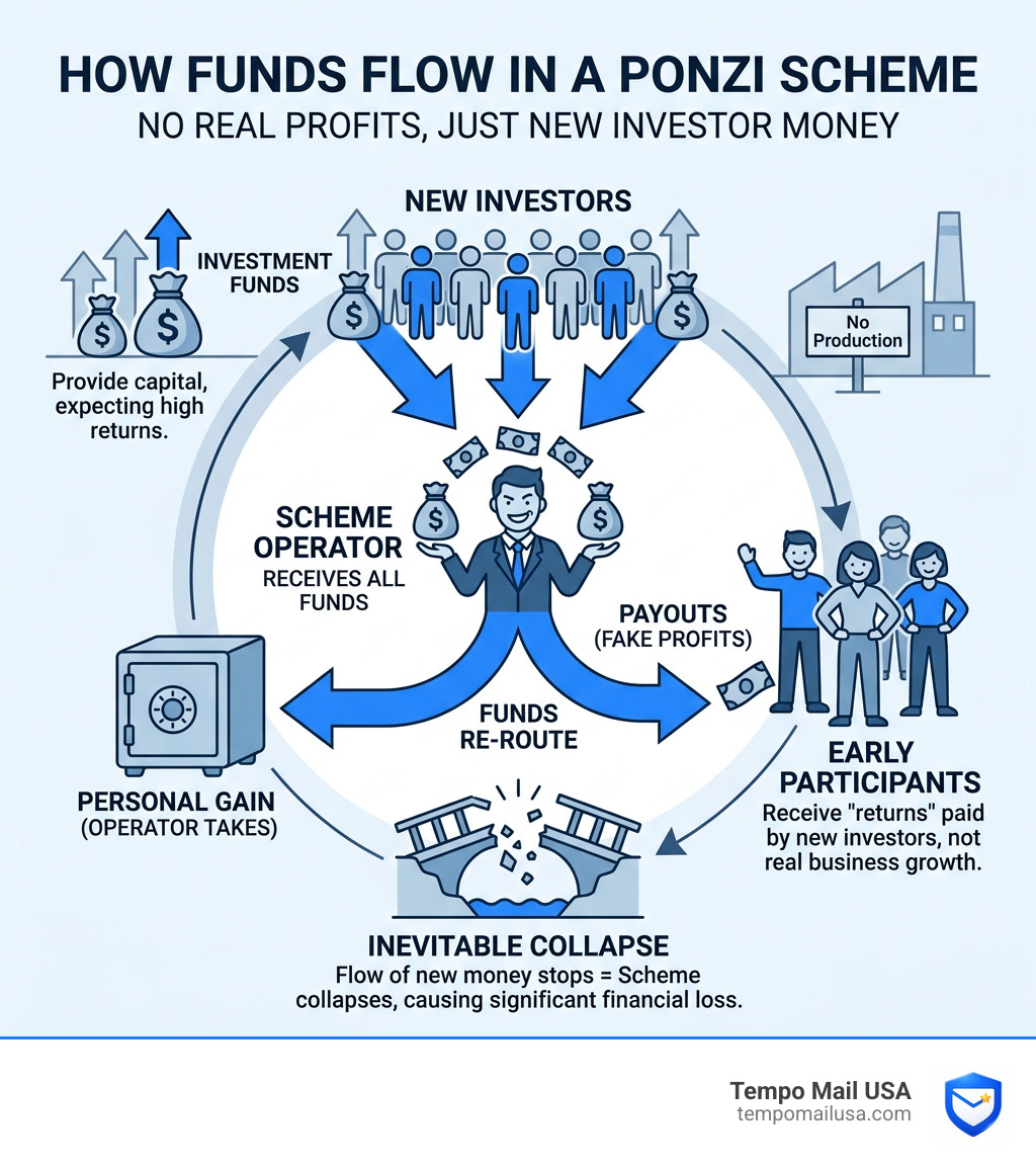 Flow of funds from new investors to early participants in a Ponzi scheme - ponzi scam infographic Flow of funds from new investors to early participants in a Ponzi scheme - ponzi scam infographic